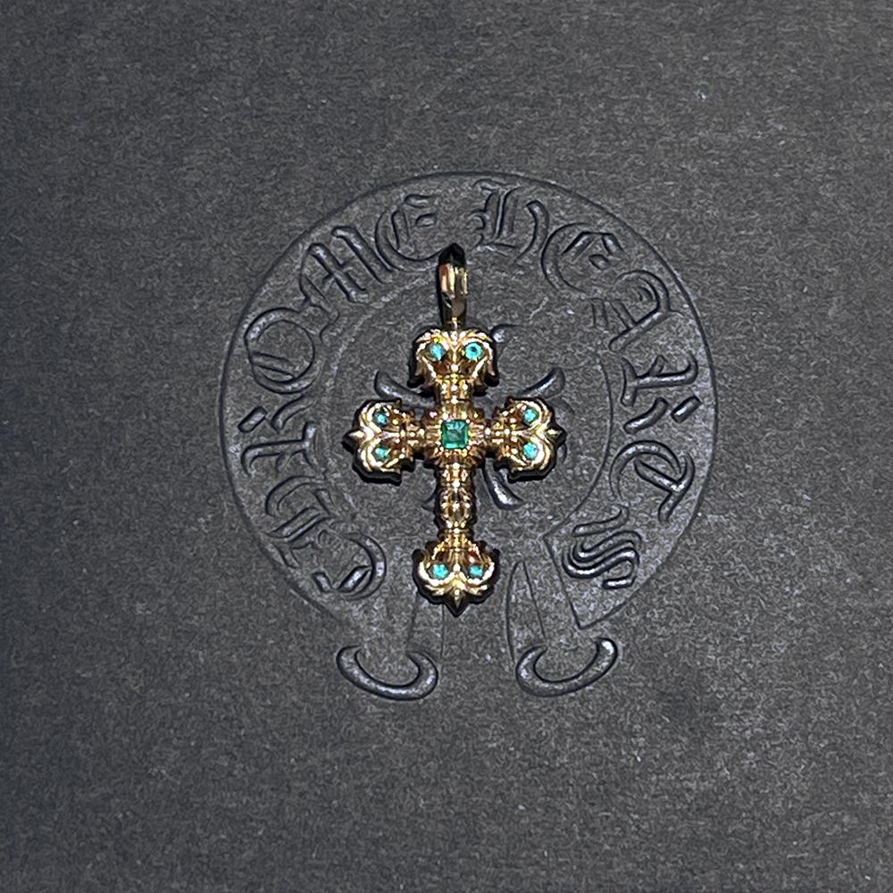 Chrome Hearts 22K Gold Filigree Emerald Pendant Charm Necklace