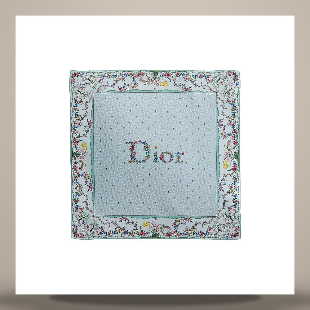 DIOR Amour Revolution Flower Blue Multicolor Silk Twill Square Scarf