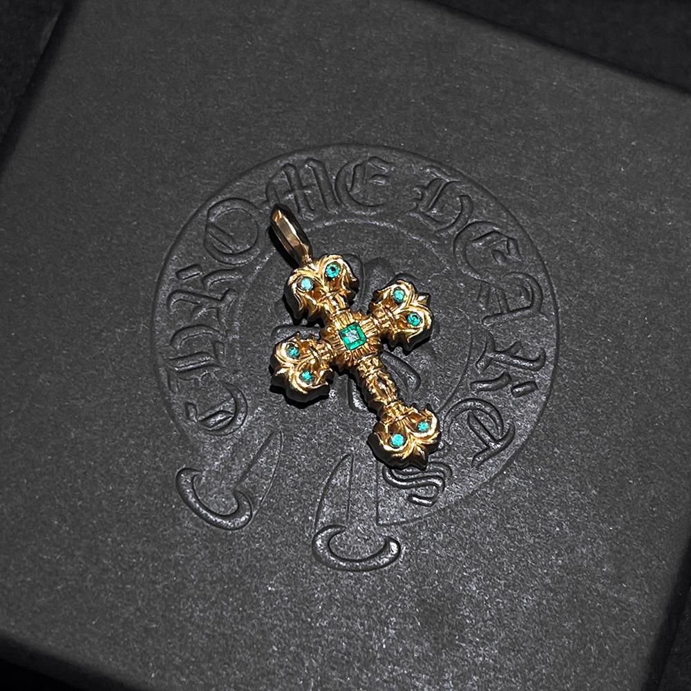 Chrome Hearts 22K Gold Filigree Emerald Pendant Charm Necklace