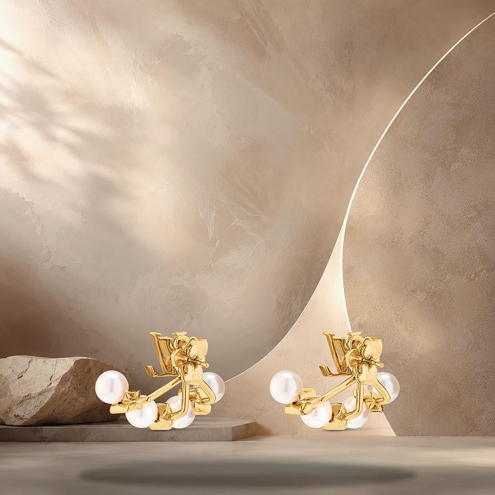 Louis Vuitton Minigram Pearl Earrings Gold-Tone Jewelry