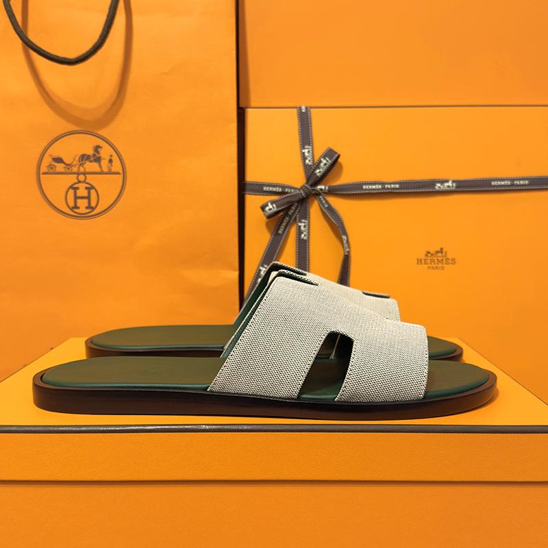 HERMES Izmir Two-Tone Green Calfskin Fabric Men’s Slide Sandals