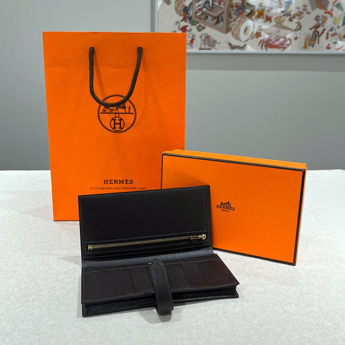 HERMES Madame Bearn Long Wallet Vibrato Brown Gold Hardware