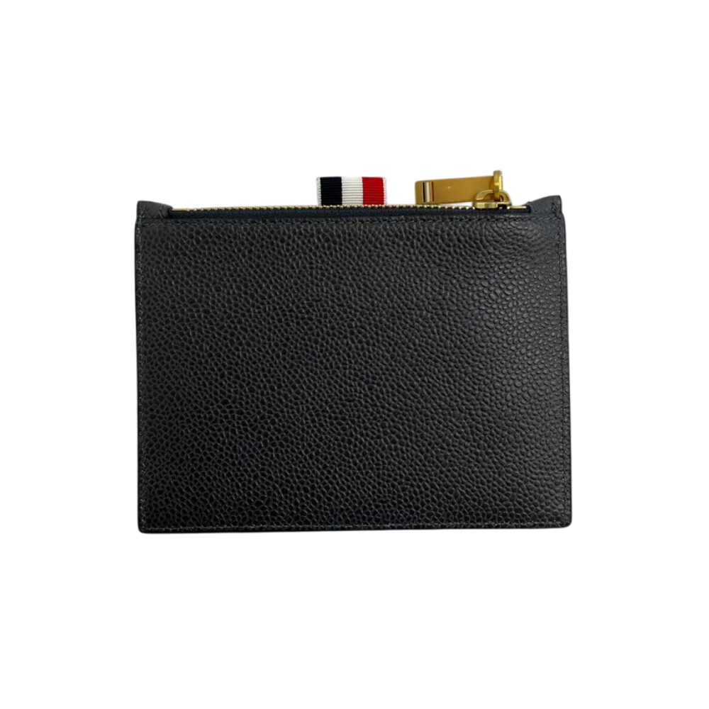 THOM BROWNE Charcoal Leather Card Holder with Tricolor Tab and Logo
