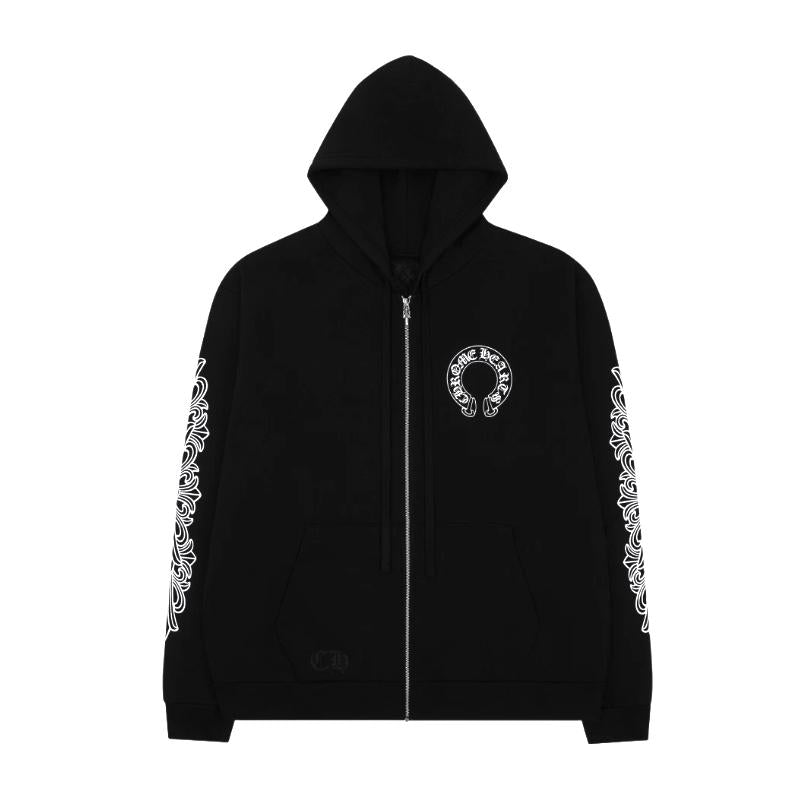 Chrome Hearts Horseshoe Floral Fleece Zip-Up Hoodie Black