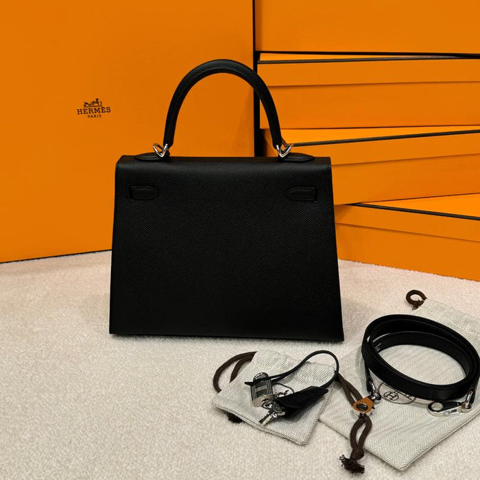 HERMES Kelly Bag Epsom Leather Black Palladium Hardware Tote 25