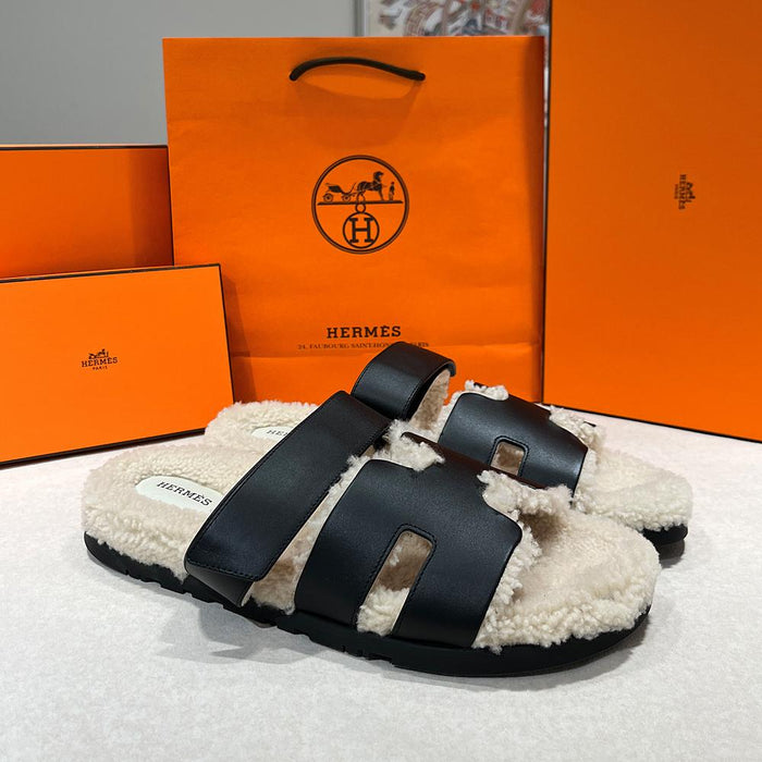HERMES Shearling Cipre Sandals Suede Goatskin Black Ivory Men
