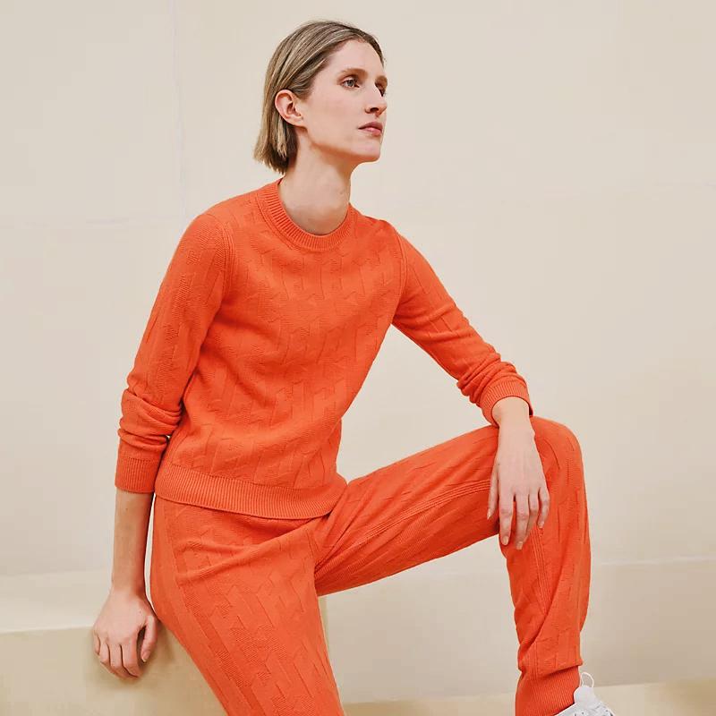 HERMES H Logo Long Sleeve Wool Crewneck Sweater Etoupe