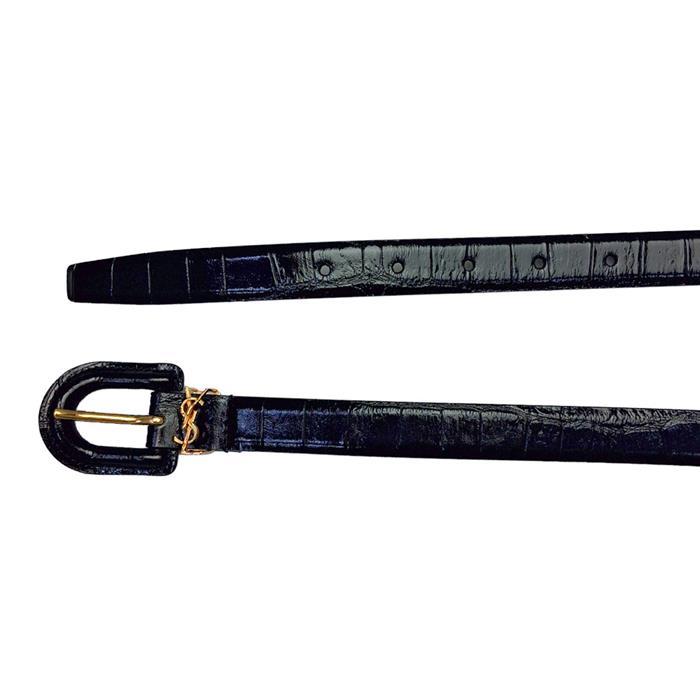 Saint Laurent Cassandra Crocodile-Embossed Leather Belt Black Women