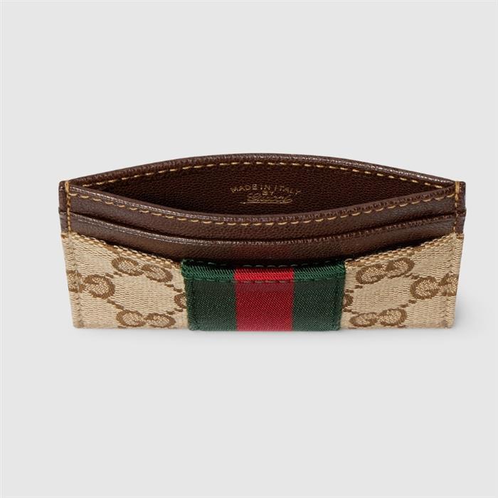 GUCCI Web Detail GG Card Case Wallet Brown Canvas Leather