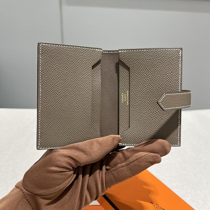 HERMES Etoupe Leather Béarn Compact Card Holder Wallet Gold Hardware