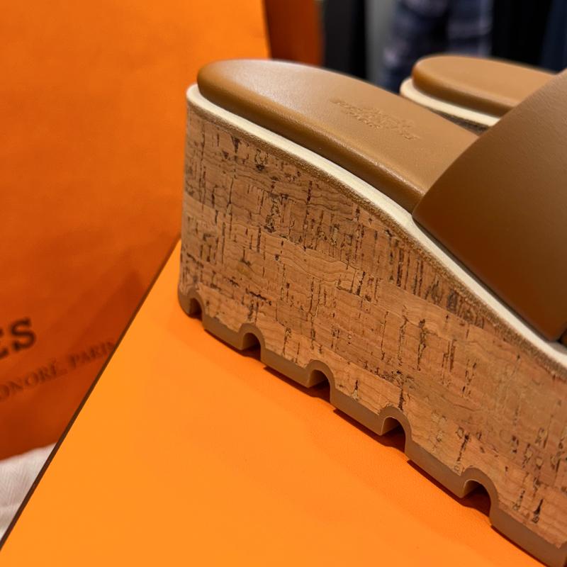 HERMES Brown Calfskin Oasis 30 Wedge Heel Shoes