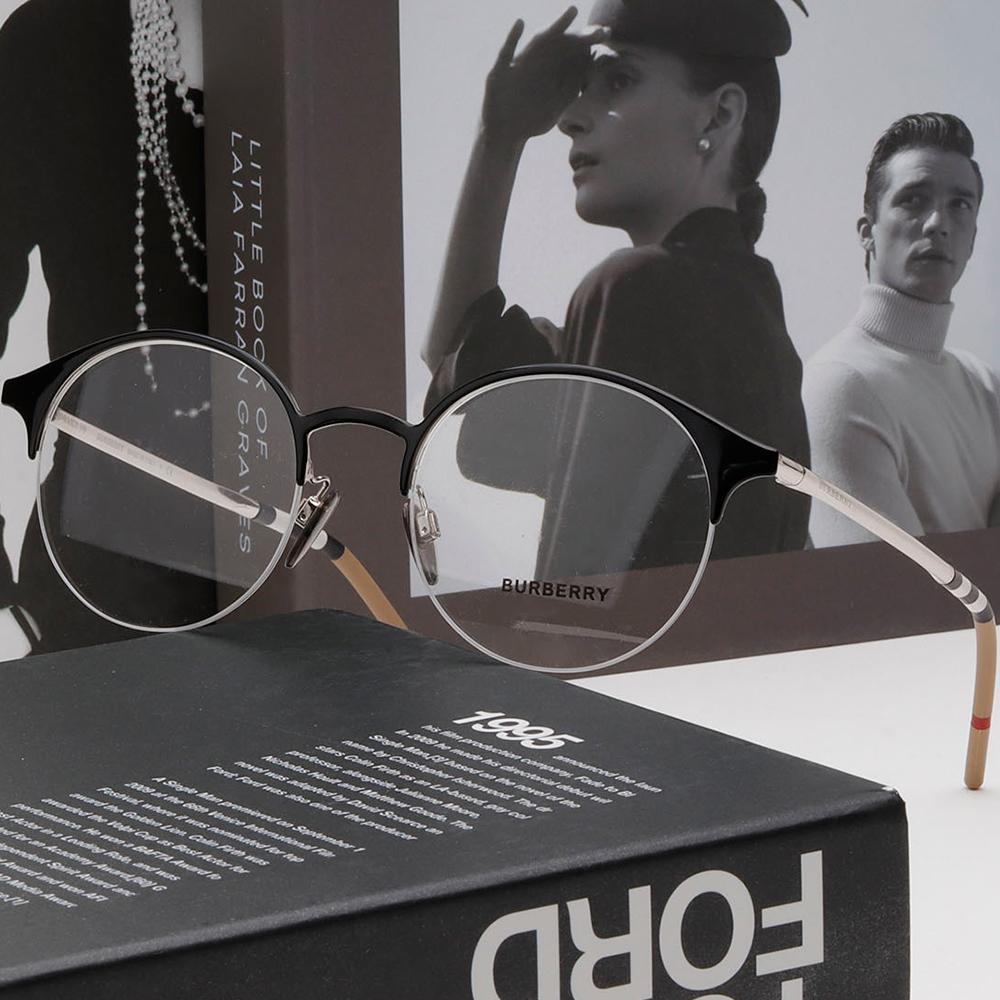 BURBERRY Black Round Semi-Rimless Metal Eyeglass Frames Unisex BE1328 1276