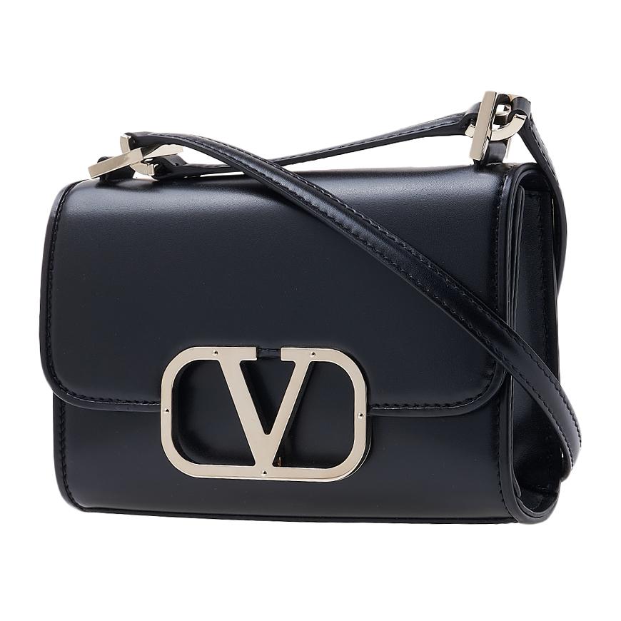 VALENTINO Garavani Signature V Logo Leather Shoulder Bag Black