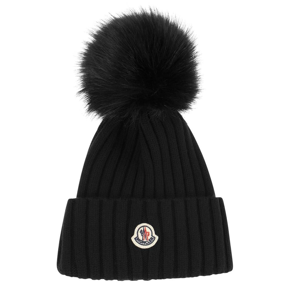 Moncler Black Logo Patch Pom Pom Beanie 3B000 13 A9327 999