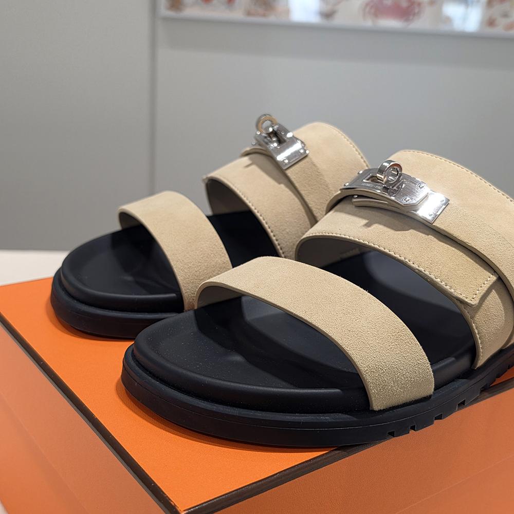 HERMES Men’s Jackson Slides Suede Calfskin Beige Silver-Tone Hardware
