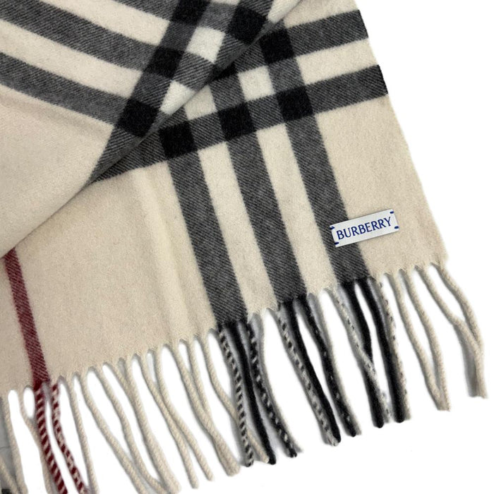 BURBERRY Washed Giant Check Fringe Scarf Stone Beige Wool