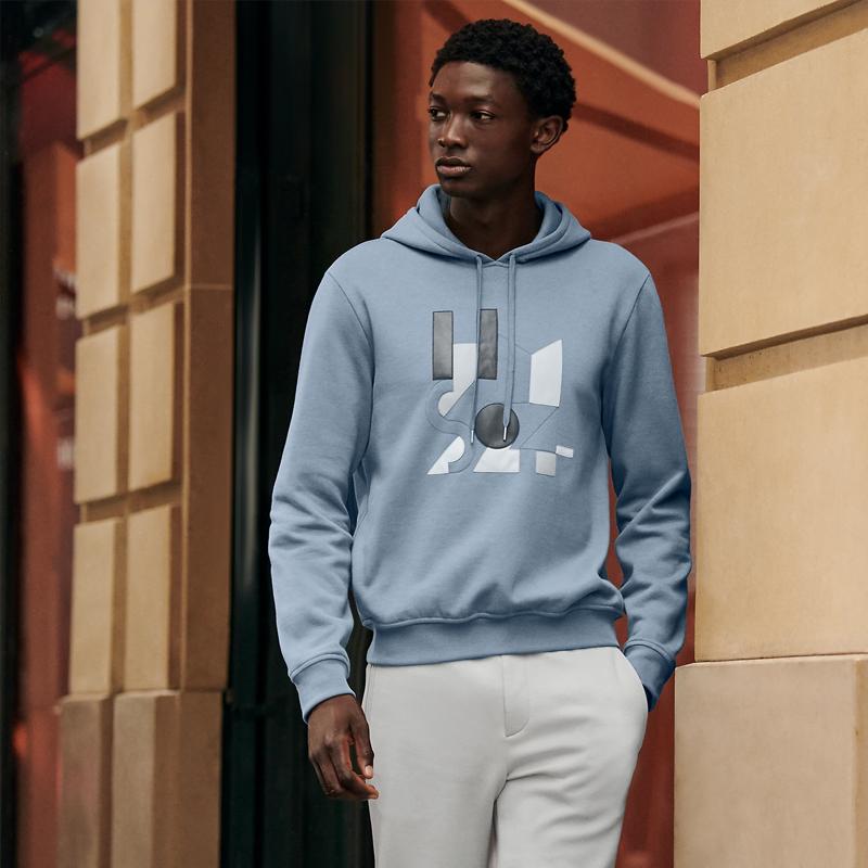 HERMES Blue Cotton Hoodie Long Sleeve with Lambskin Leather Patch