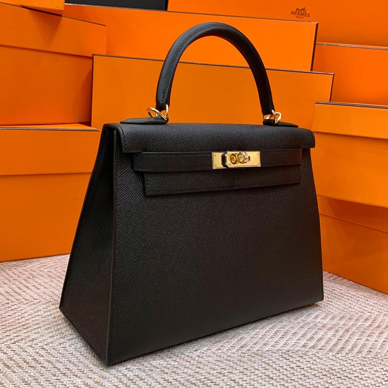 HERMES Kelly 28 Epsom Leather Tote Bag Black Gold Hardware
