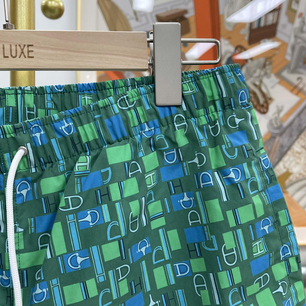 HERMES Metal au Carre Swim Trunks Green Blue