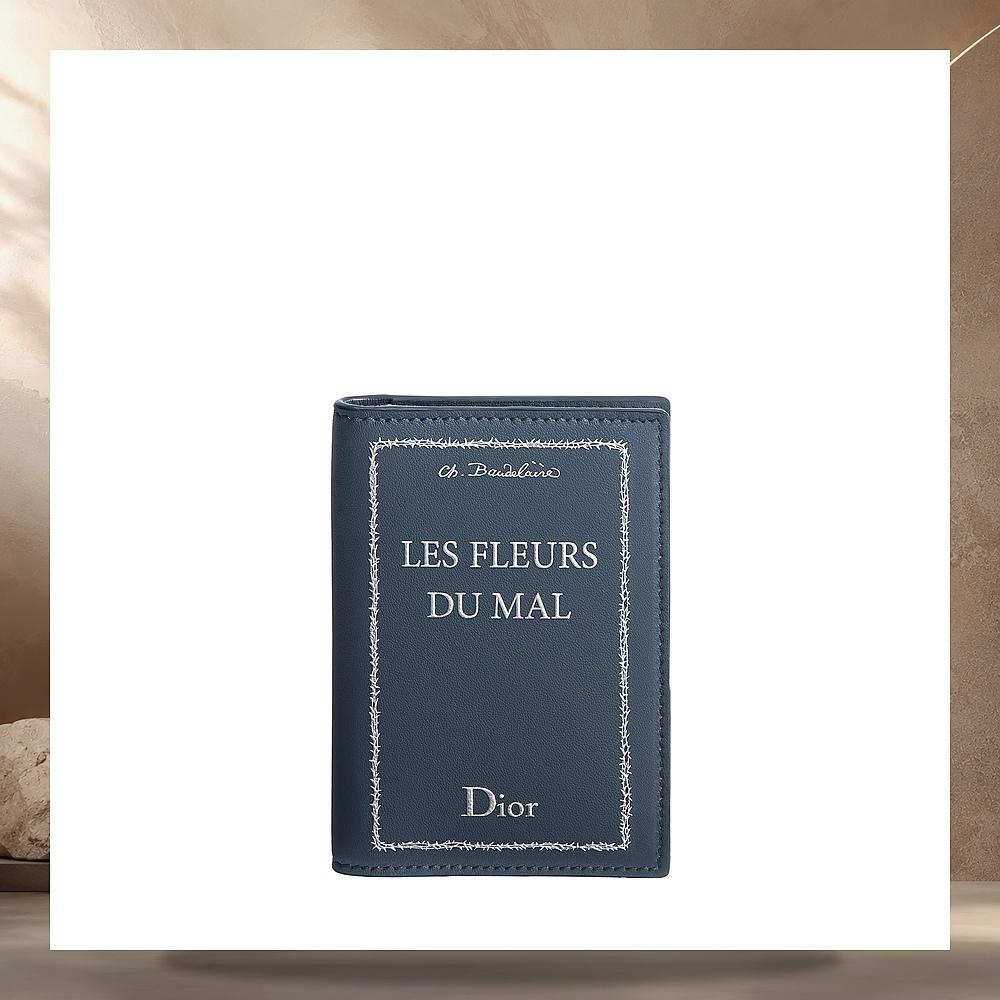 DIOR Blue White Bifold Card Holder Book Cover Embossed Calfskin