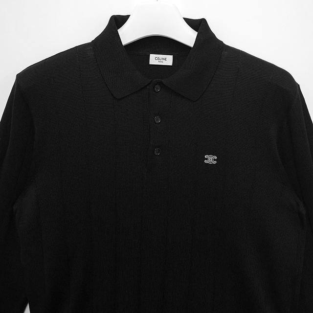 CELINE Triomphe Embroidered Ribbed Long Sleeve Polo Shirt Black