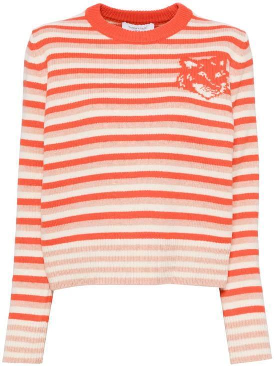 Maison Kitsune Fox Head Intarsia Stripe Crewneck Sweater NW00804 KM0329 0019