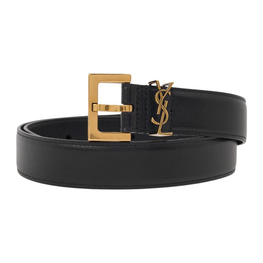 Saint Laurent Women’s Monogram Buckle Leather Belt Black