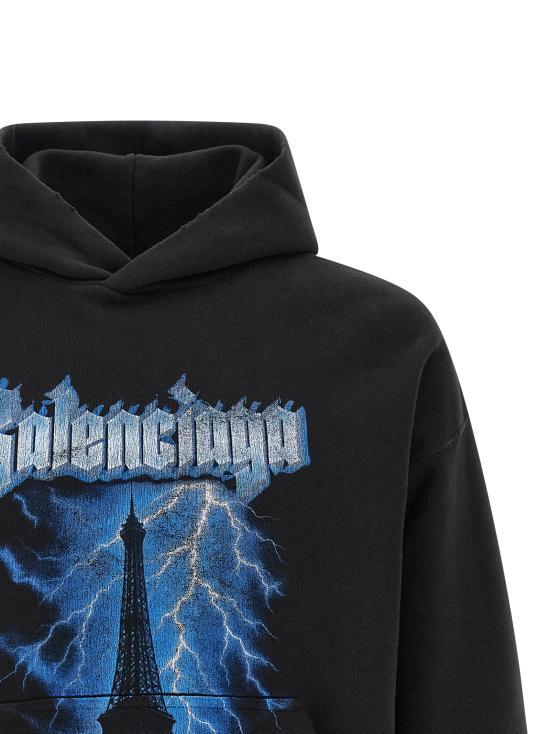 BALENCIAGA Black Paris Thunderstorm Hoodie Top