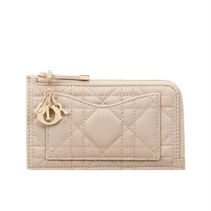 DIOR Lady Cosmos Zip Card Holder Wallet Navy Leather