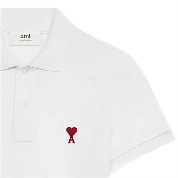 AMI Chain Stitch Heart Logo Organic Cotton Loopback Short Sleeve Polo