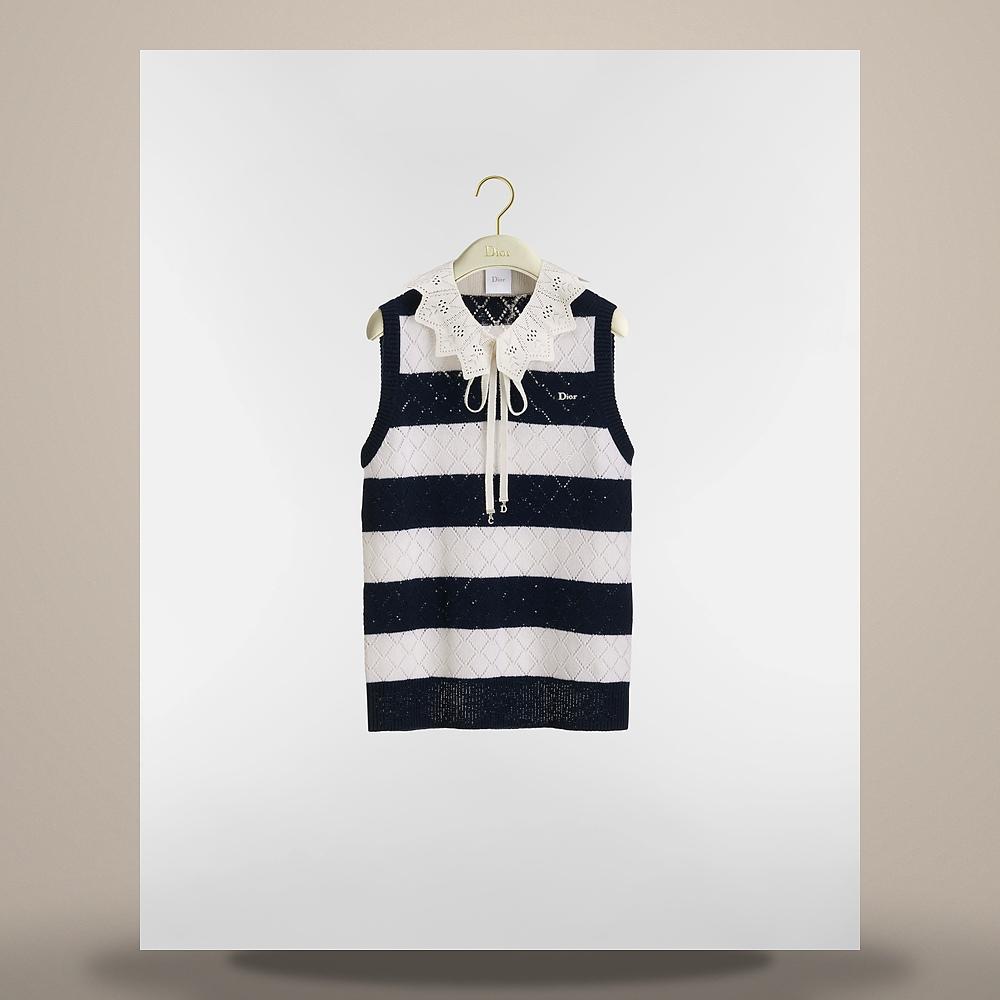 DIOR White Navy Openwork Cashmere Mariniere Sweater Vest 644T11B0A15X5883
