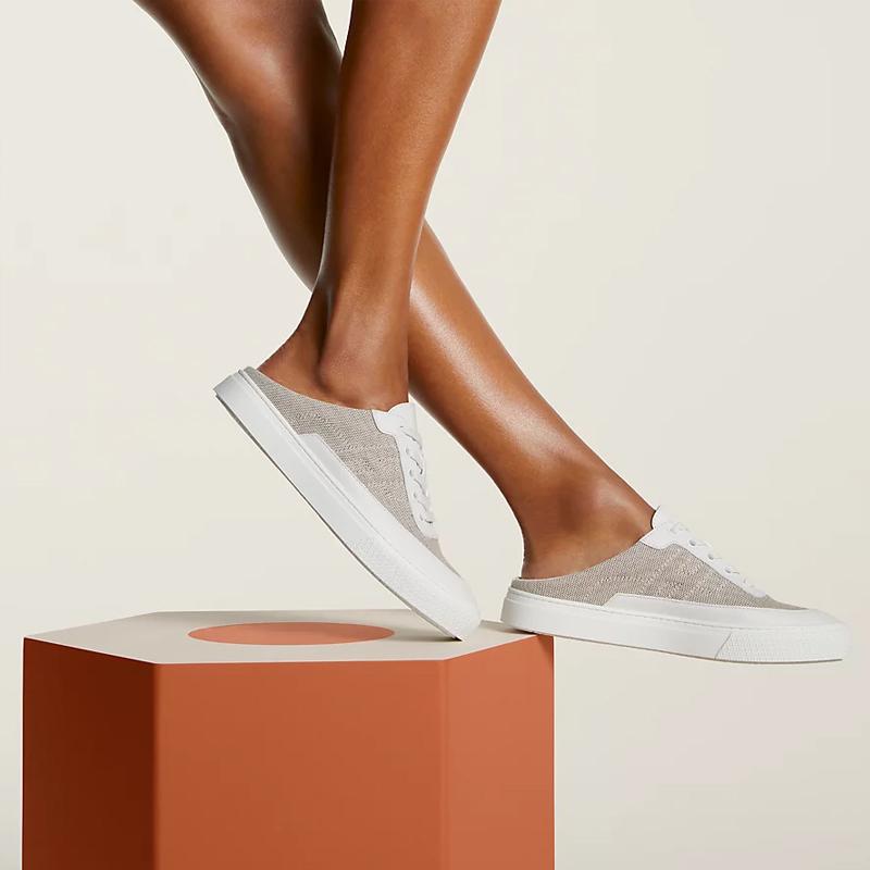 HERMES Canvas Calfskin Keep Sneaker Mules White Beige