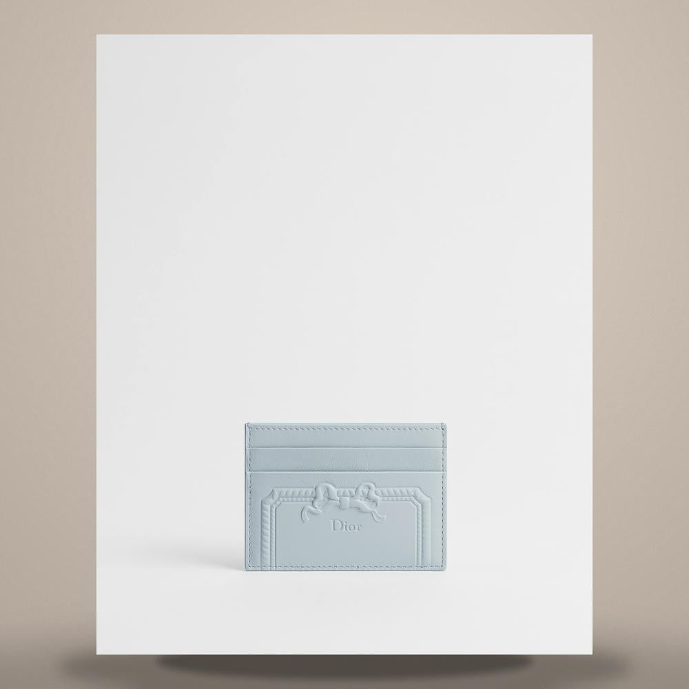 DIOR Ice Blue Dior Lily Debossed Calfskin Card Holder Wallet