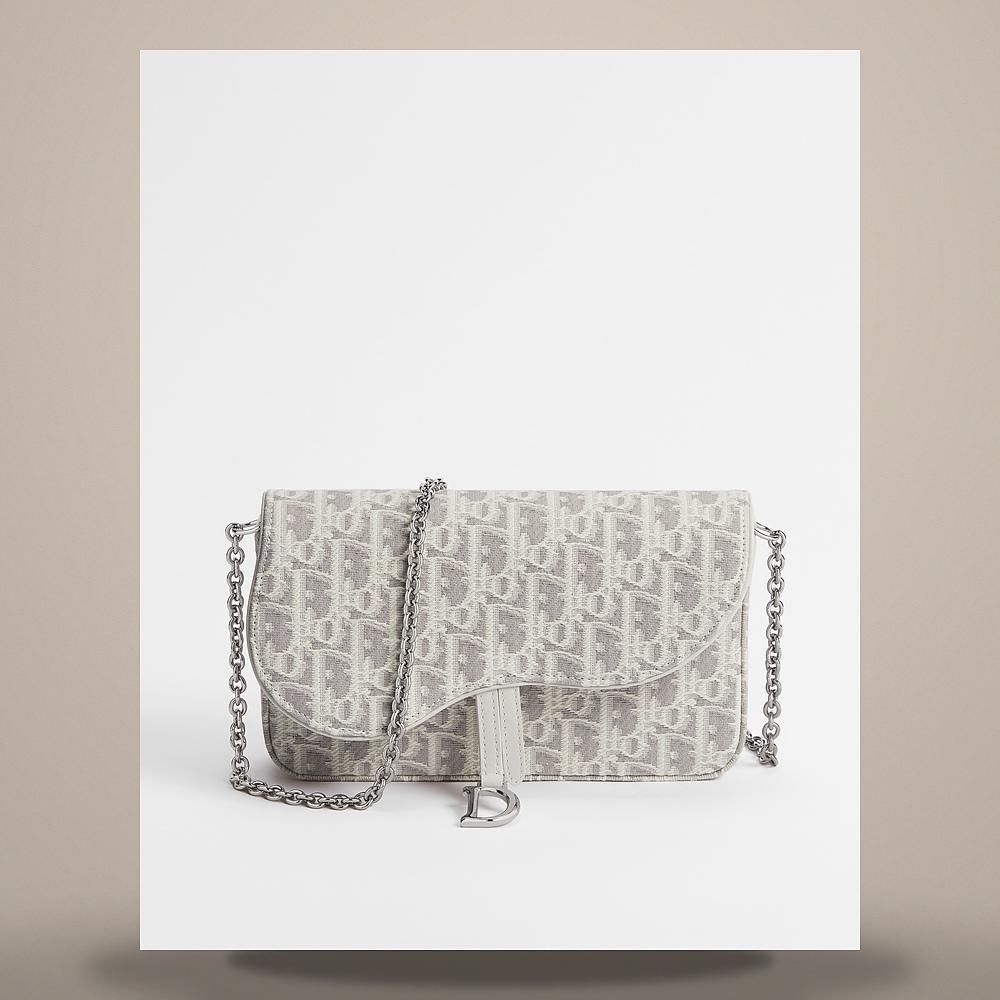 DIOR Latte Gray Oblique Jacquard Saddle Chain Pouch Medium Shoulde S5899PTZQM074
