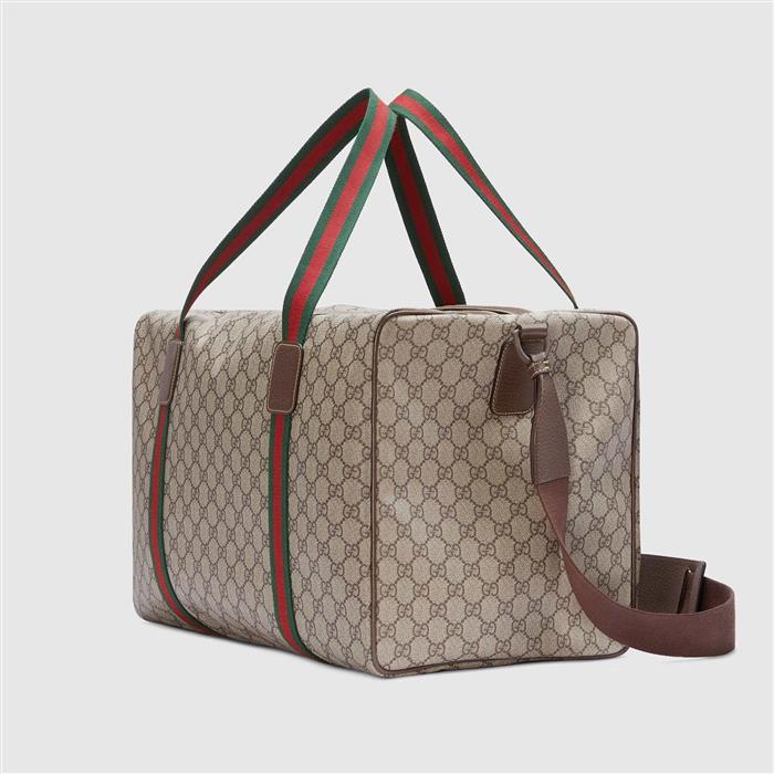 GUCCI Medium Duffel Bag with Web Detail Crossbody Canvas Beige Brown
