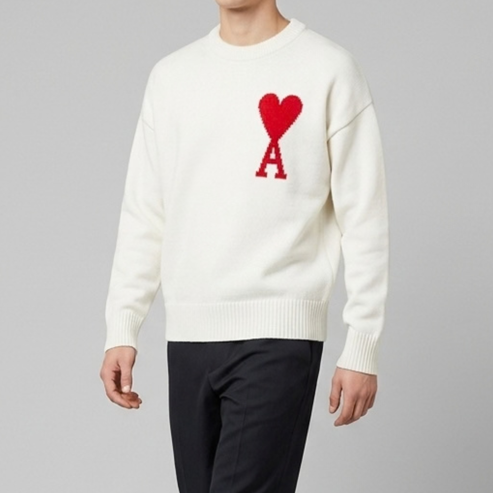 AMI Big Heart Logo Oversized Intarsia Sweater Off-White BFUKS002 018