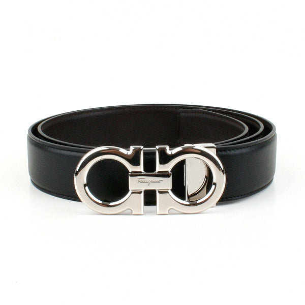 Ferragamo Men's Double Gancini Reversible Belt with Ruthenium Finish 35mm