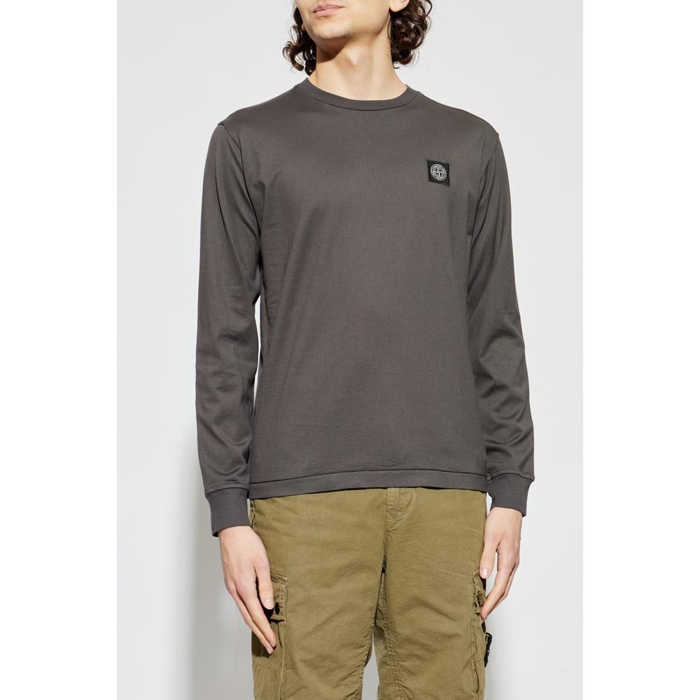 STONE ISLAND Logo Patch Men’s Long Sleeve T-Shirt Green Cotton