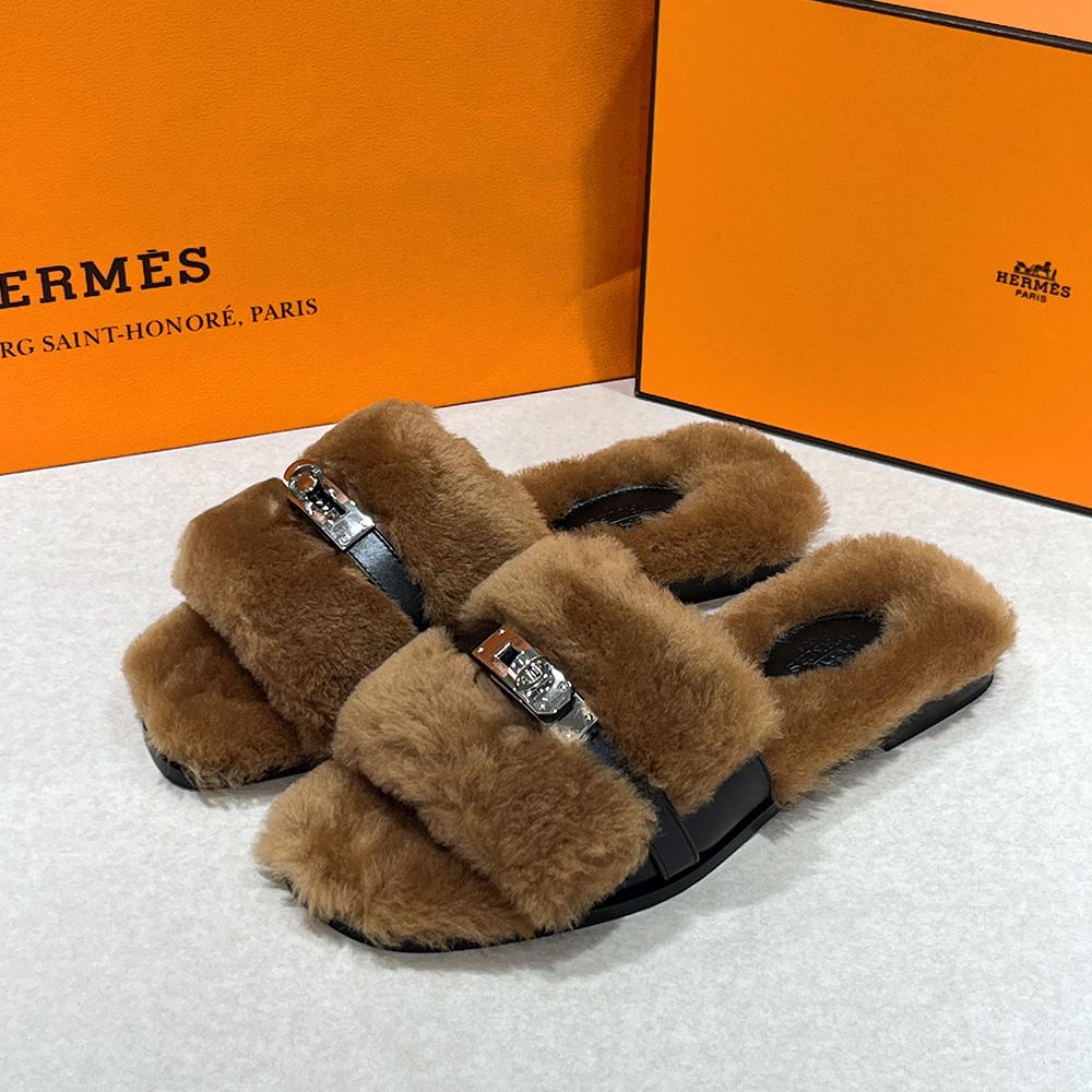 HERMES Shearling Calfskin Julia Sandals Brown Black Silver-Tone