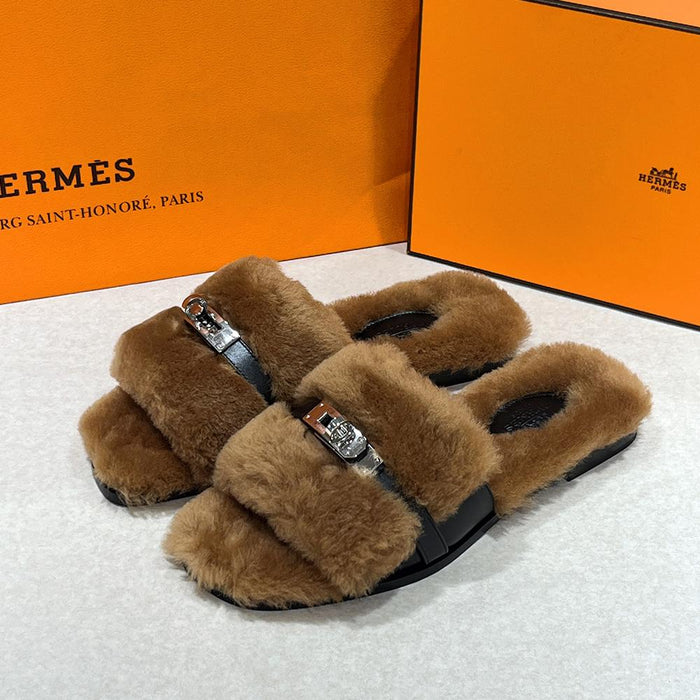 HERMES Shearling Calfskin Julia Sandals Brown Black Silver-Tone