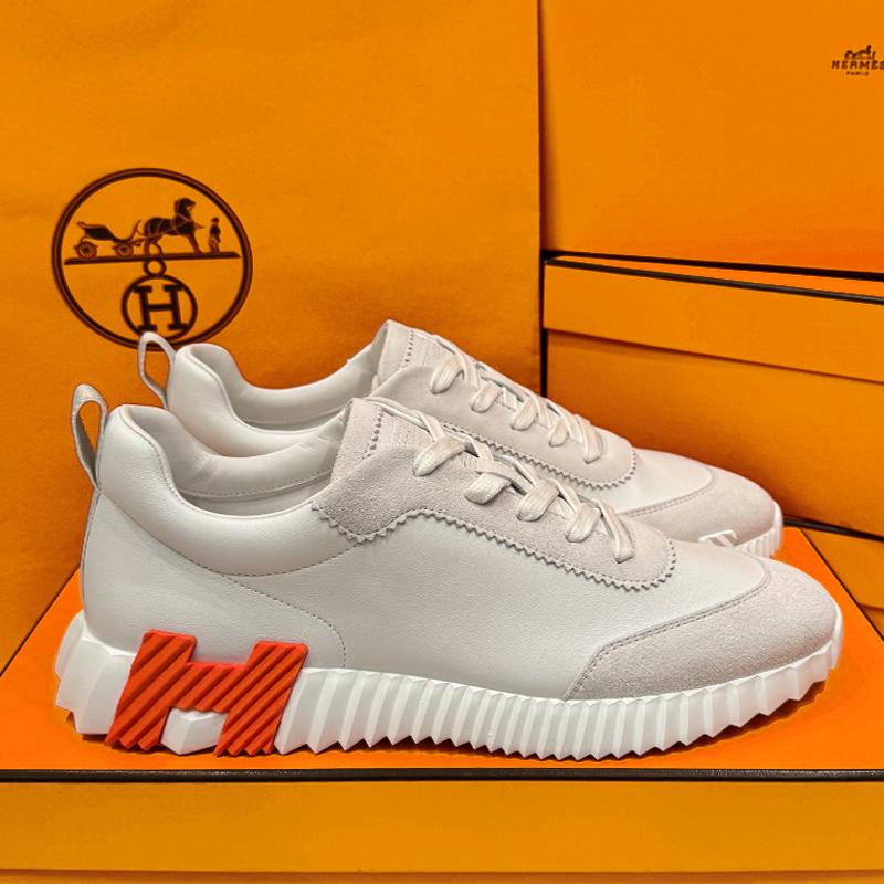 HERMES Men’s Bouncing Sneakers Calf Goatskin Suede White Orange