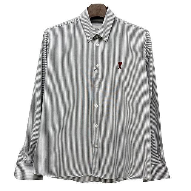 AMI Heart Logo Button-Down Stripe Long Sleeve Shirt