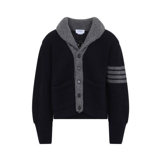 THOM BROWNE Navy Wool Knit Cardigan for Men