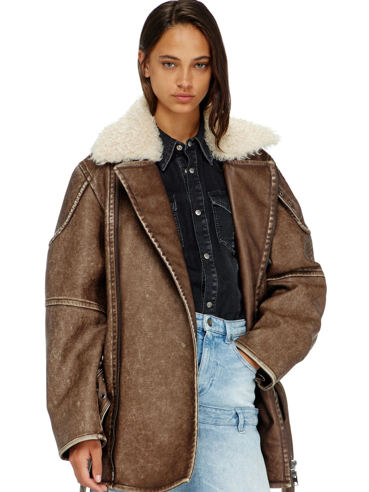 DIESEL Brown Shearling Mouton Leather Jacket