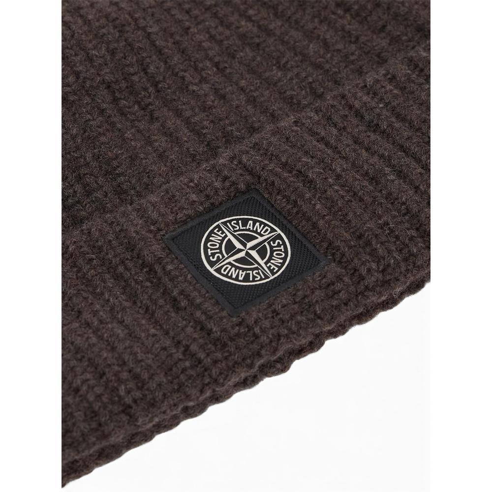 STONE ISLAND Logo Patch Beanie Black Knit Wool Men’s