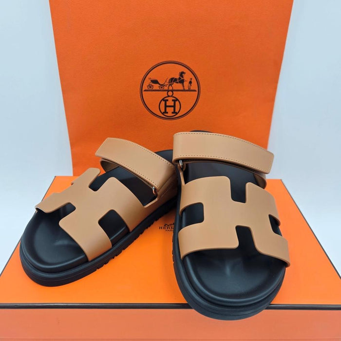 HERMES Women’s Chypre Sandals Natural Gold Brown Strap Sandals