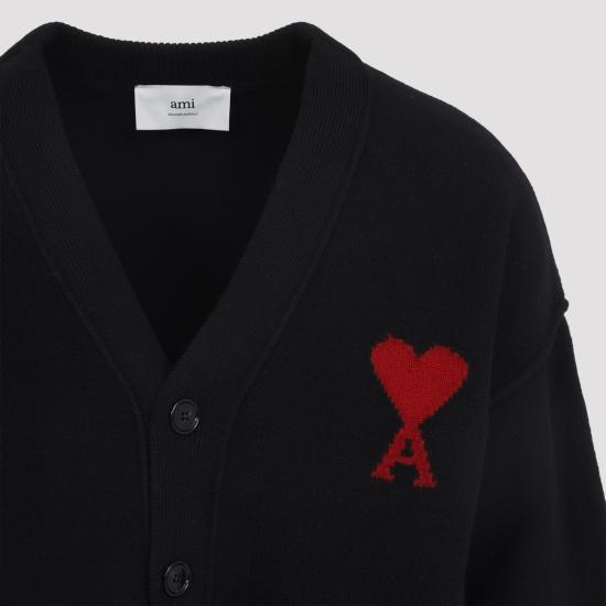 AMI Heart Logo Intarsia V-Neck Cardigan