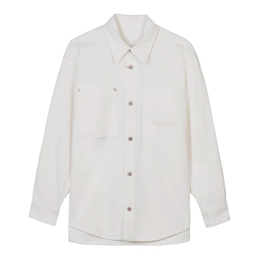 WOOYOUNGMI Men’s Flower Back Logo Denim Long Sleeve Shirt
