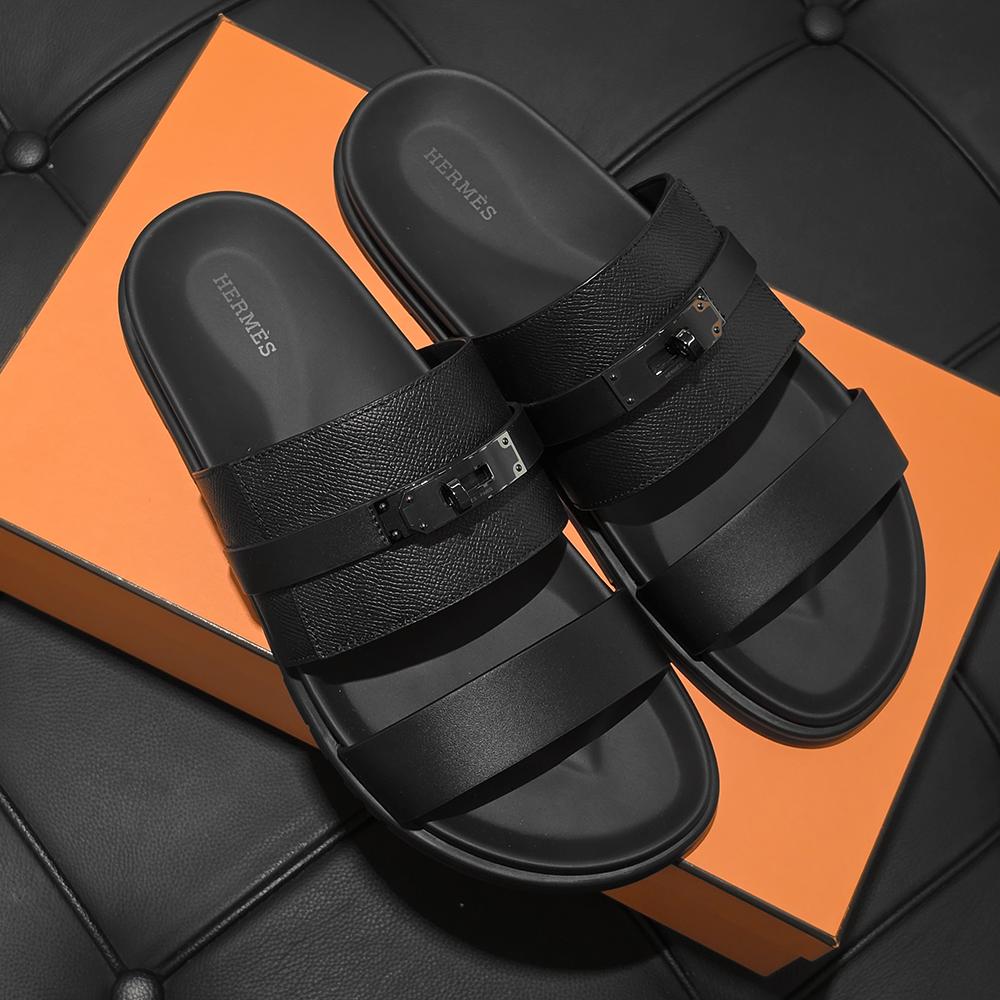 HERMES So Black Epsom Calfskin Mix Jackson Sandals for Men