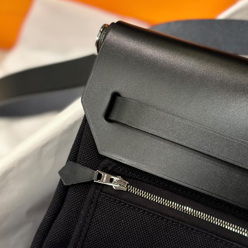 HERMES Black Canvas Shoulder Tote Messenger Bag Silver Hardware